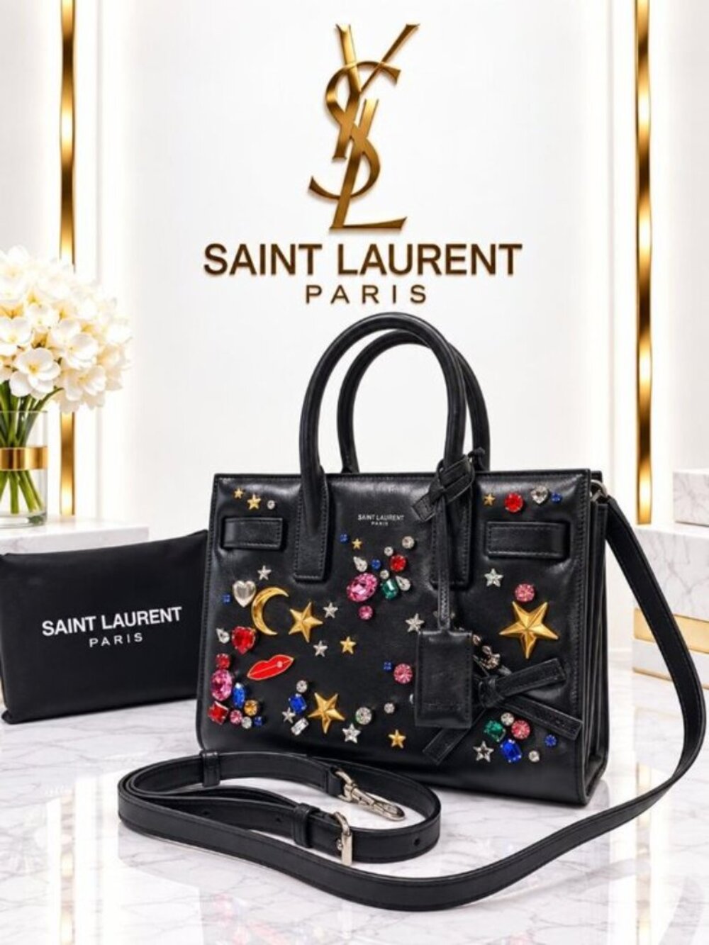 Authentic Saint Laurent Sac de Jour Black Leather Jeweled Crystal  Tote Bag